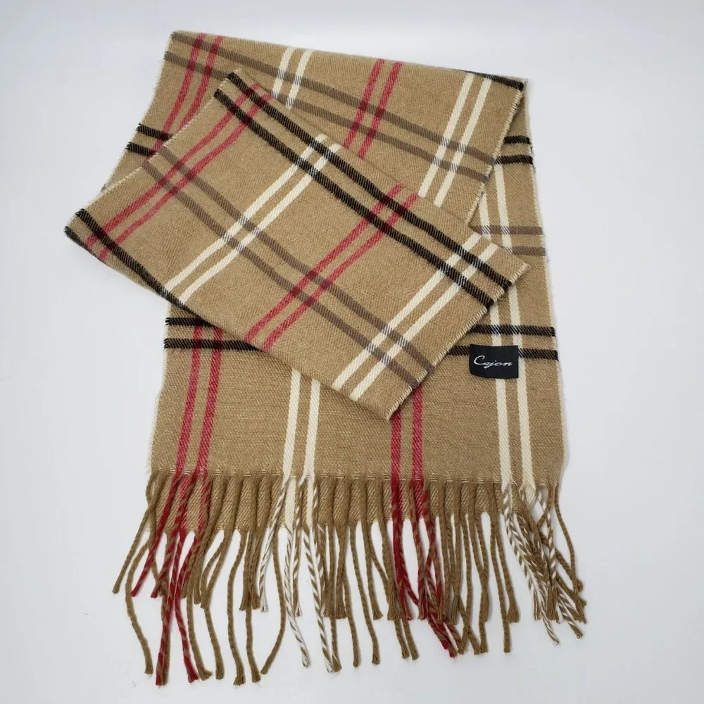 Cejon Women’s Plaid tan, red, black, cream Long Fringe Neck Scarf Warm Soft Wrap